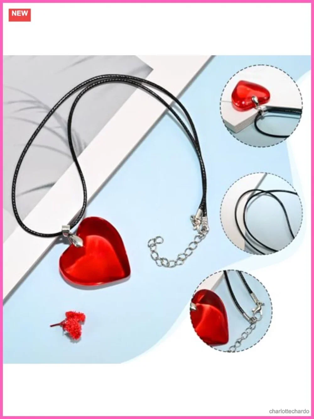 Waxed Cord Choker Necklace with Glass Heart Pendant Retro Y2K Jewelry